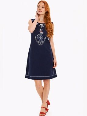 Dolcezza Navy Jeweled Drawstring Mini Dress LARGE Sleeveless Coastal Chic Beach
